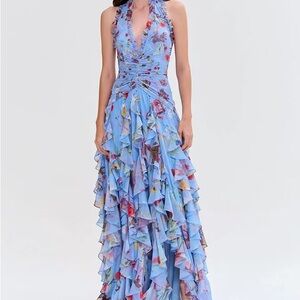 Blue Floral Ruffled Halter Maxi Dress